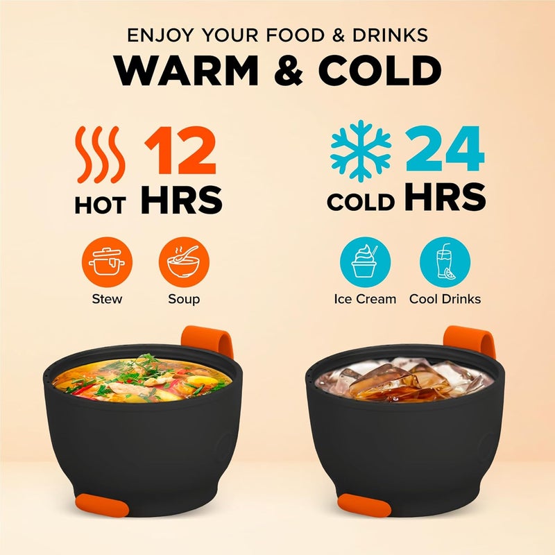 ENERGIFY Vacuum Insulated Food Jar. Large 24oz Bowl incl. Folding Spoon, Cup. Wide Mouth Keep Hot & Cold Drinks Soup Lunch Container for Adults. BPA-Free Stainless Steel, Leak Proof Black Matte - Image 3